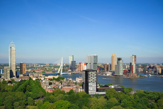 Aerial view of Rotterdam skyline with modern architecture and the river Nieuwe Maas