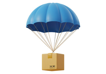 Shipping Box Lowering on Blue Parachute Isolated on Transparent Background