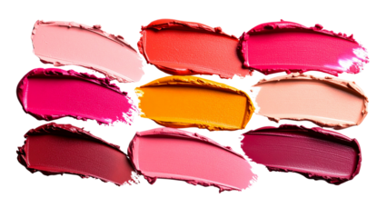 Assorted lipstick smudges in various shades and shapes on transparent background showcasing the texture and application of cosmetic products in beauty and fashion industry