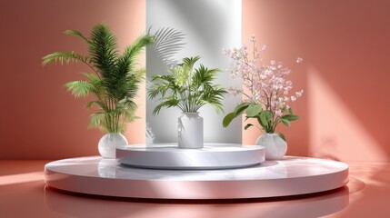 Plants on a podium with light for product showcase, promotion, advertising, and presentation.