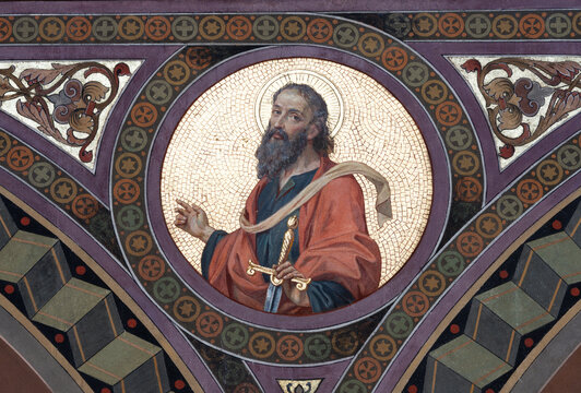 BOBBIO, ITALY - MAY 20, 2025:  The fresco of St. Paul the Apostle in Cathedral (Santa Maria Assunta) by Luigi Morgari from end of 19. cent. 