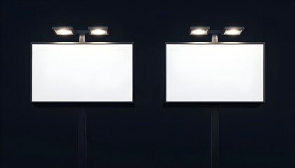 Two blank advertising billboards with lit overhead fixtures on a dark background, exhibiting a simple yet modern design suitable for customizable promotional content