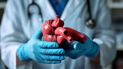 A doctor wearing blue gloves holds an anatomical heart model, shown in a close-up of the hands and chest area.  - Powered by Adobe