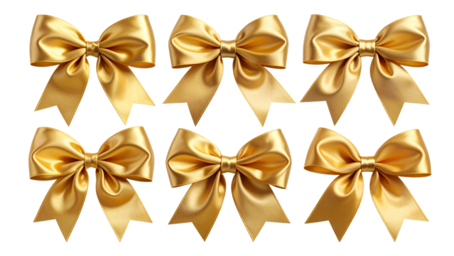 Collection of eight golden satin bows in various styles and sizes isolated on a transparent background for decorative use and graphic design projects