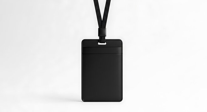Black ID card holder with lanyard, centered on a white background.