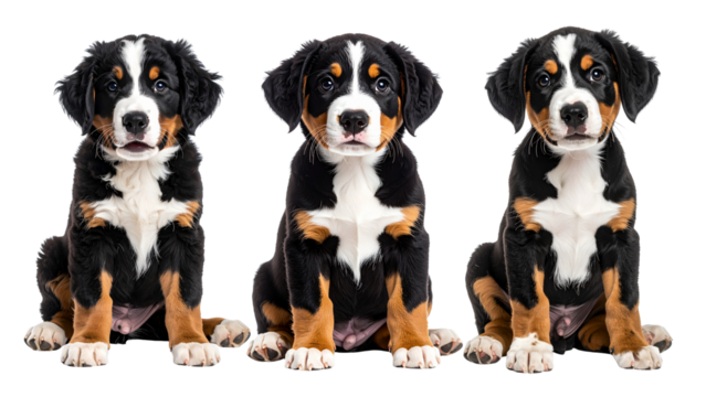 Puppy portraits of a large Swiss mountain dog breed in various poses and expressions isolated on a transparent background showcasing their playful and adorable nature