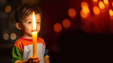 Cheerful boy holding a candle with a warm smile in a cozy ambient atmosphere with copy space