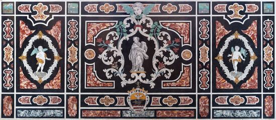 PIACENZA, ITALY - MAY 21, 2025: The baroque stone mosiac - pietra dura with St.Andrew the Apostle in the church Chiesa di San Sisto by unknown artist.
