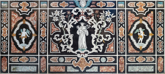 PIACENZA, ITALY - MAY 21, 2025: The baroque stone mosiac - pietra dura with St. Anthony of Padua in the church Chiesa di San Sisto by unknown artist.