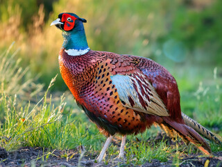 Fototapeta premium Wildlife image of a pheasant with iridescent plumage and striking facial markings.