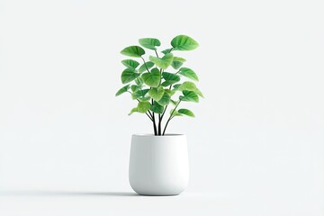 A vibrant green plant with heart-shaped leaves sits in a minimalist white pot against a stark white background