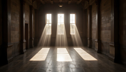 Naklejka premium Interior of a historic building with sunlight streaming through windows 
