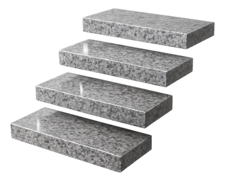 Granite steps with polished surfaces, leading from the driveway to the front door of a suburban home.