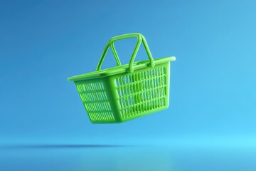 Fototapeta premium A vibrant lime-green plastic shopping basket floats against a serene light-blue backdrop, subtly shadowed on the surface below