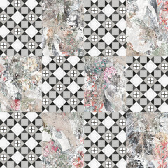 Wallpaper pattern made of cement, stone or marble grunge and some flower or geometries.
