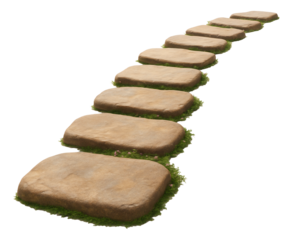 Cobblestone steps that form a quaint path through a flowering garden in a countryside manor.