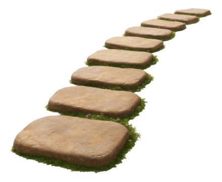 Cobblestone steps that form a quaint path through a flowering garden in a countryside manor.