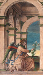 LODI, ITALY - MAY 21, 2025: The renaissance fresco of Archangel Gabriel from Annunciation in church...