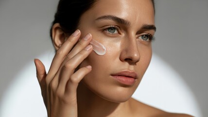 Young caucasian female applying skincare cream for healthy glowing skin