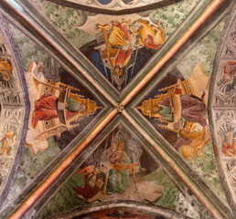 LODI, ITALY - MAY 21, 2025: The renaissance ceiling fresco of Four Evangelist in church Chiesa di...