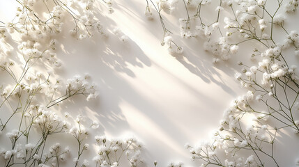 Gypsophila flowers background with sun shadows and copy space. White delicate flowers floral frame.