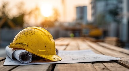 A soiled yellow hard hat rests on architectural blueprints atop weathered wooden planks, with a blurred construction site background at sunset