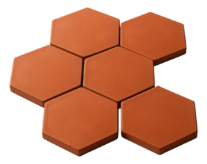 Hexagonal terracotta tiles, used to create geometric patterns in a chic urban courtyard.