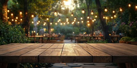 Rustic outdoor dining area illuminated by string lights during evening hours in a lush garden setting