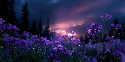 Vibrant purple flowers bloom in a serene field at sunset with a dramatic sky and silhouetted trees in the background