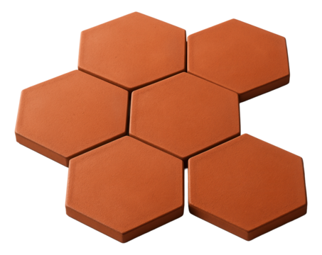 Hexagonal terracotta tiles, used to create geometric patterns in a chic urban courtyard.