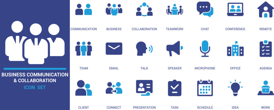 
Professional icon set for business communication, teamwork, collaboration, chat, email, and meetings. Ideal for corporate, office, remote work, and presentations.
