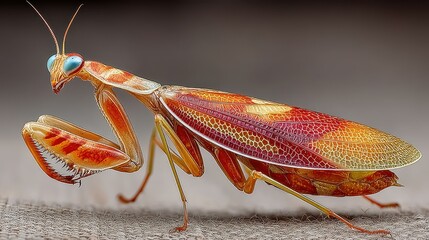 Colorful mantis showcases vibrant patterns and features in natural light on textured surface