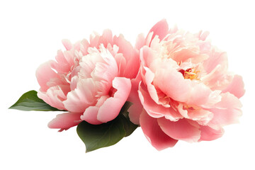 Obraz premium Peony flowers in soft pink tones with lush green leaves against a bright white background for floral decoration and arrangement inspiration