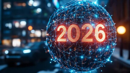 Futuristic data visualization to analyze stock market trends in 2026. Technological digital globe with 2026 numbers shining on city lights background. 4k video - Powered by Adobe