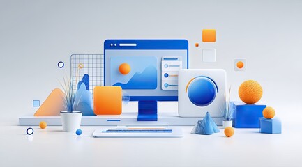 A stylized 3D rendering of a desktop computer displaying data visualizations, alongside supplementary geometric shapes and icons in a minimalist blue and orange palette on a white background