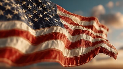American flag waving in the breeze under a vibrant sky during sunset