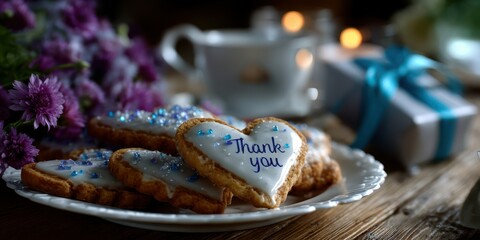 Decorative thank you cookies arranged on a vintage plate alongside flowers and gift, creating a warm atmosphere for a celebration