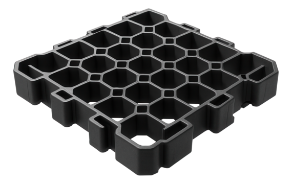 Permeable plastic grid tiles, designed for eco-friendly parking lots in an industrial complex.