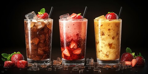 Refreshing summer drinks on a dark background featuring vibrant colors and fresh ingredients