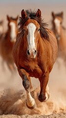 Wild horses running across the desert landscape in a dramatic display of strength and freedom during golden hour