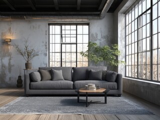 A sunlit industrial-chic living room features a grey sofa, coffee table, area rug, potted plants, and large windows against exposed brick walls and ductwork