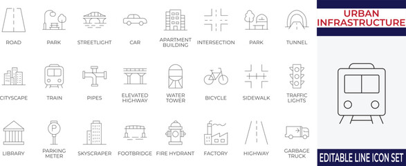 Minimal urban infrastructure line icon set featuring roads, utilities, transport, city services, construction elements, and public facility symbols.