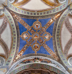 BOBBIO, ITALY - MAY 20, 2025: The ceiling fresco in the church of Abbazia di San Colombano by...