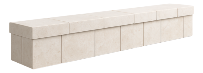 Low-profile retaining wall of limestone, used to create subtle elevation changes in a sleek, modern home's outdoor space.