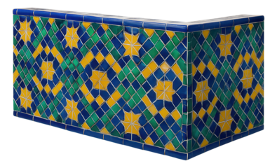 Decorative retaining wall with a mosaic tile finish, adding vibrant color and artistic flair to a city apartment's rooftop garden.