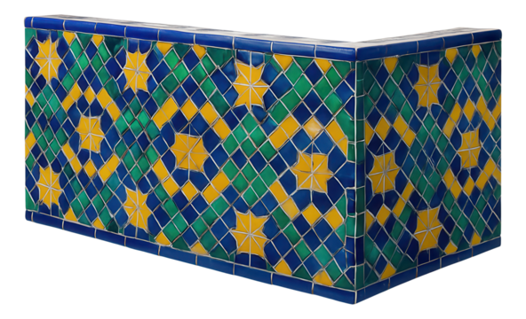 Decorative retaining wall with a mosaic tile finish, adding vibrant color and artistic flair to a city apartment's rooftop garden.