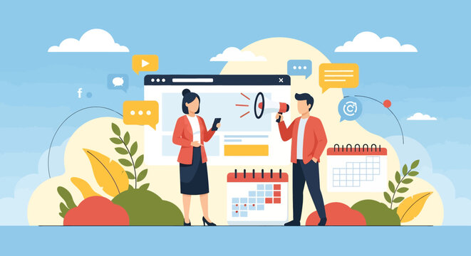 Adobe illustrator vector flat style illustration of A man and woman engage in a digital marketing, with the man holding a smartphone and the woman a megaphone, represent online business promotion