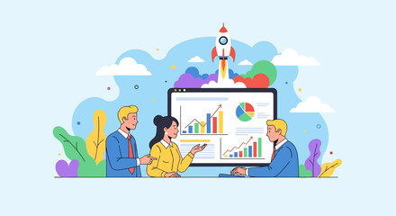 Adobe illustrator vector flat style illustration: A diverse team analyzes business charts on a large screen as a rocket launches upwards, symbolizing growth and startup success