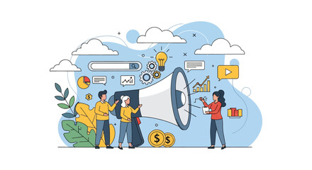 Adobe illustrator vector flat style illustration: A team engages in digital marketing, using a megaphone, analyzing charts, generating ideas, and managing finances