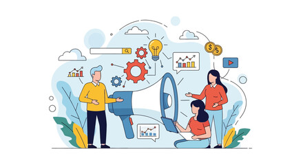 Adobe illustrator vector flat style illustration: A team engages in digital marketing, using a megaphone, analyzing charts, generating ideas, and managing finances